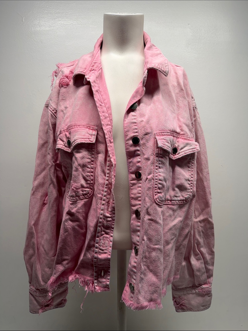Retrofete Jacket Denim Distressed Raw Frayed Cotton Collar Button Up Pink Medium